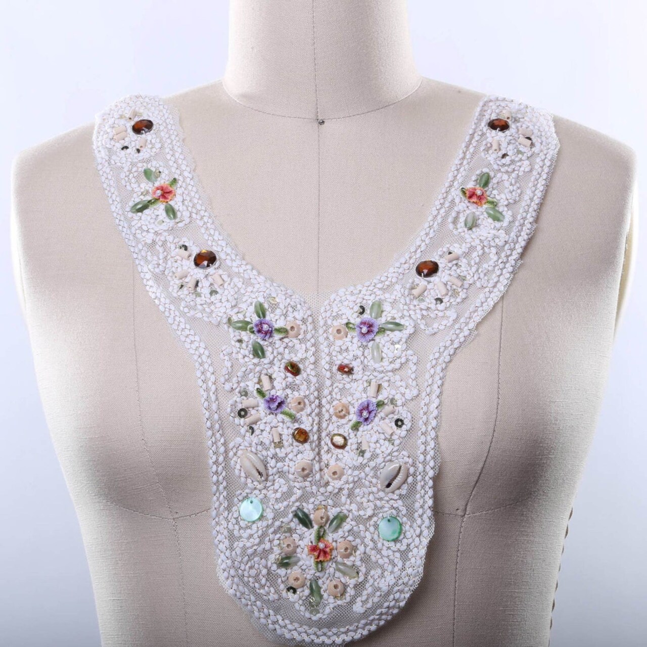 Ivory Lace Bib Collar Patch with Purple Flowers and Crystals for Dresses Costumes